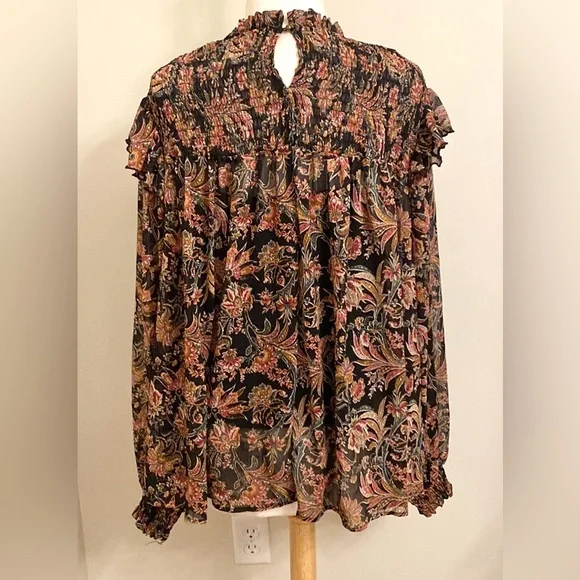 Ophelia Roe Black Red Green Floral Smocked Balloon Sleeve Ruffled Hem Top SZ 3X - Picture 9 of 15